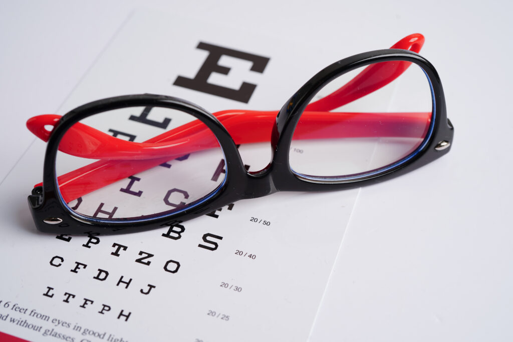 glasses resting on an eye chart