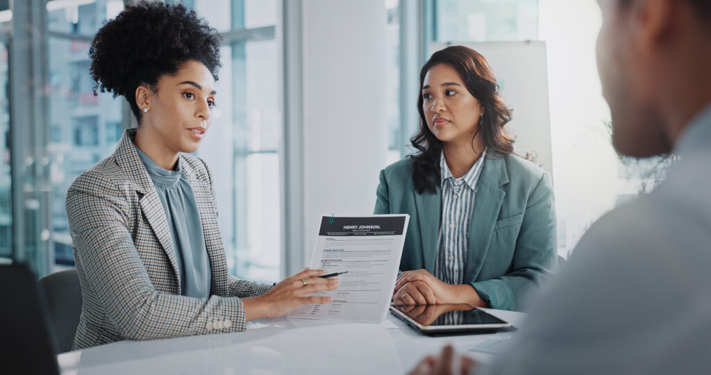 Business people, resume paperwork or job interview with human resources manager for onboarding. Lawyer, experience and hr meeting with boss or cv in office for recruitment, hiring and work contract.